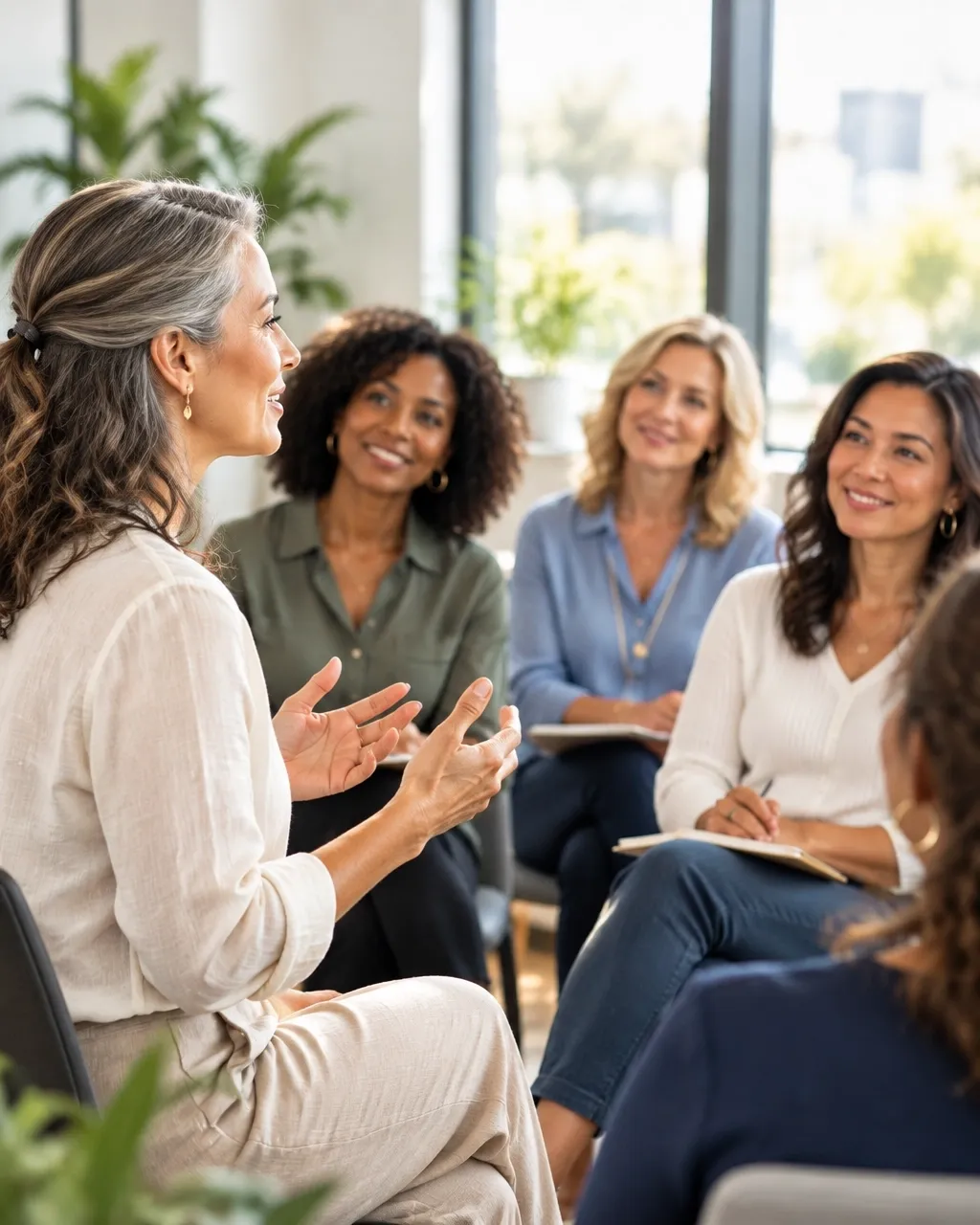 A facilitator leading a small group of women in a workshop