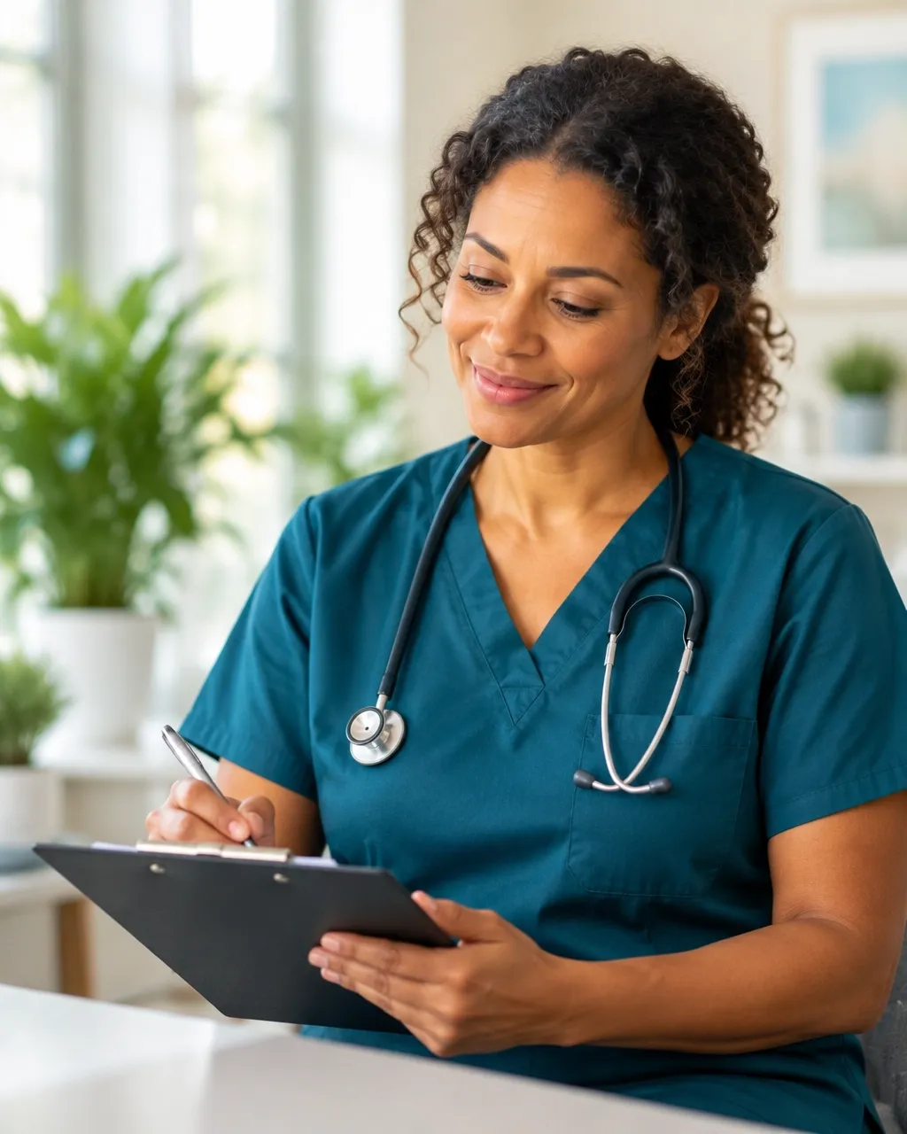 A healthcare professional reviewing notes in a bright clinic