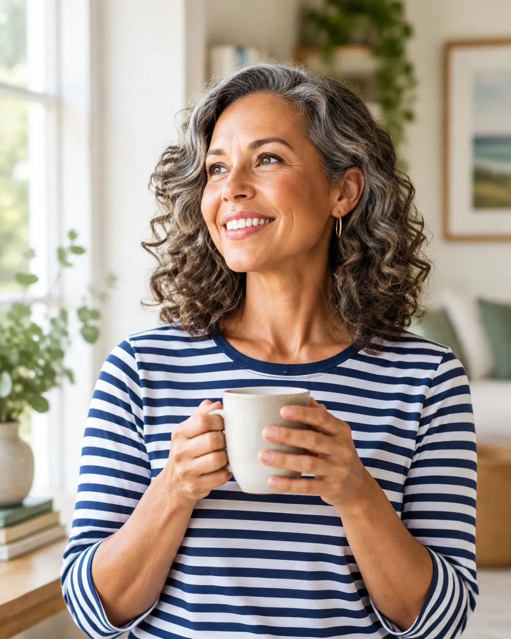 A smiling midlife woman in a calm home setting